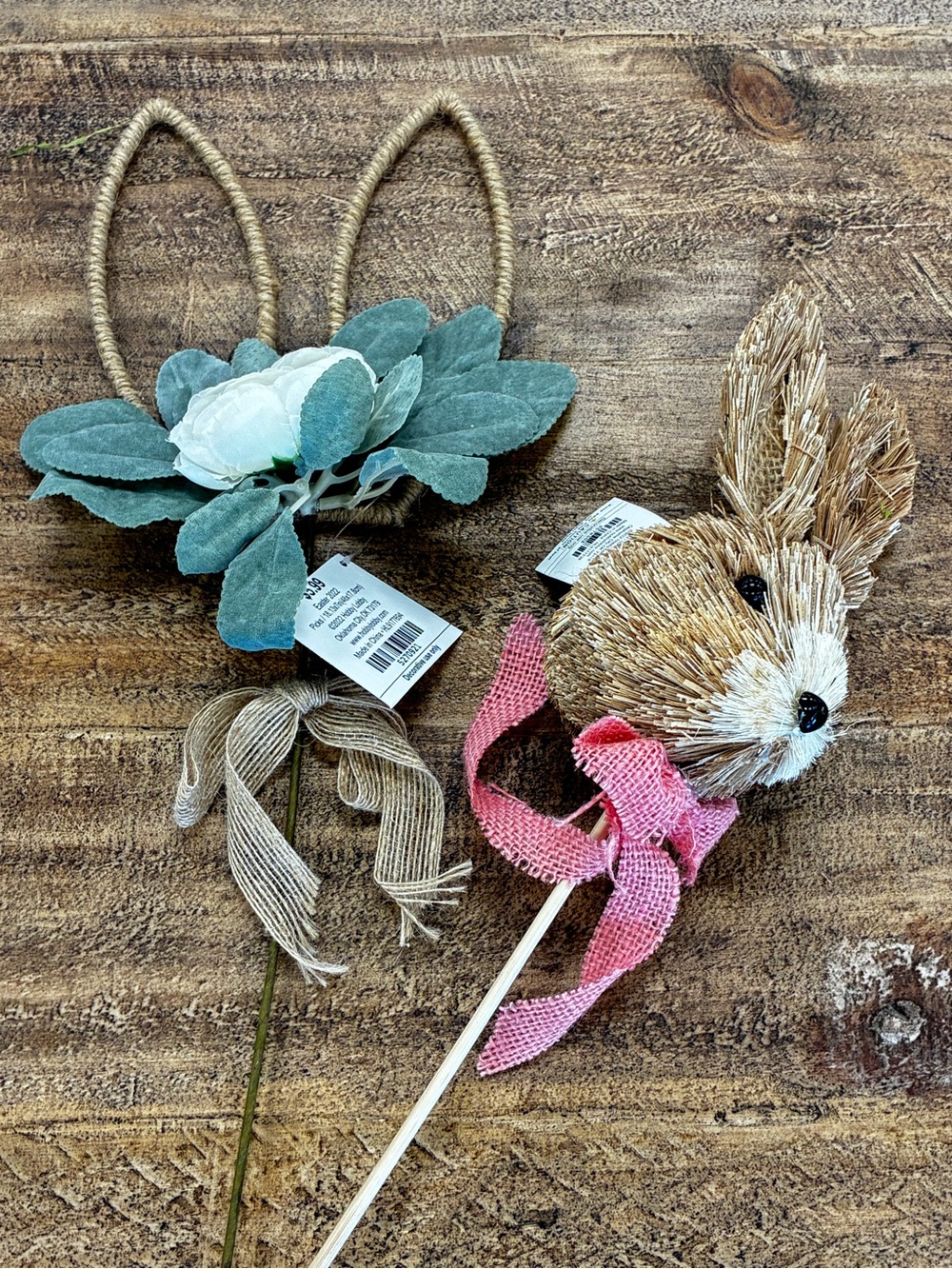 Rustic Bunny & Floral Pick Set - Pink, Green, Natural